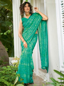 SANSKAR - Turquoise Floral Georgette with Zari Border Saree and Unstitched Blouse