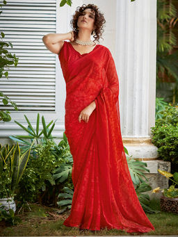 SANSKAR - Red Floral Georgette with Zari Border Saree and Unstitched Blouse