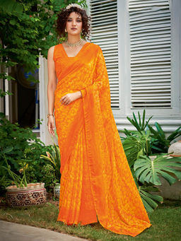 SANSKAR - Peach Floral Georgette with Zari Border Saree and Unstitched Blouse