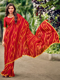 SANSKAR - Maroon Striped Georgette Print Saree and Unstitched Blouse