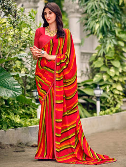 SANSKAR - Orange Striped Georgette Print Saree and Unstitched Blouse
