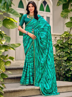 SANSKAR - Turquoise Abstract Georgette Print Saree and Unstitched Blouse