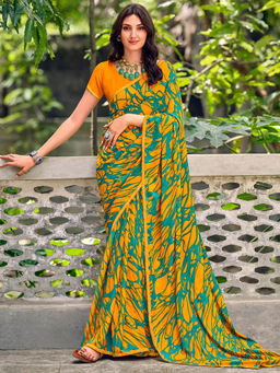 SANSKAR - Yellow Abstract Georgette Print Saree and Unstitched Blouse