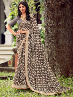 SANSKAR - Grey Abstract Georgette Print Saree and Unstitched Blouse