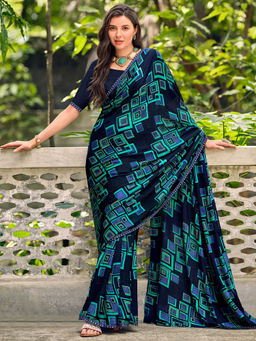SANSKAR - Navy Blue Abstract Georgette Print Saree and Unstitched Blouse
