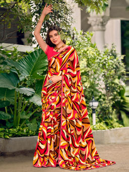 SANSKAR - Multi Abstract Georgette Print Saree and Unstitched Blouse