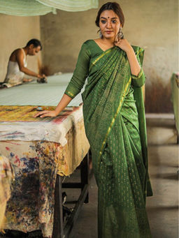 Sooti Syahi - Verdant Handblock Print Chanderi Silk Saree with Unstitched Blouse