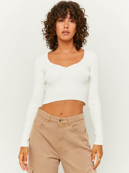 TALLY WEiJL - Sweetheart Neck Knitted Crop Pullover In Off-White