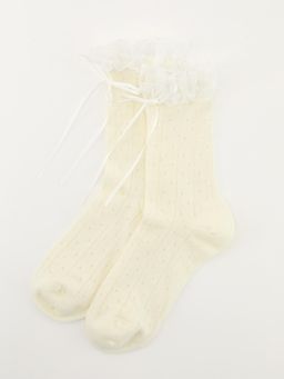Pomelo - Bow Lace Trim Socks - Cream