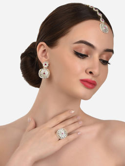 Zaveri Pearls - Pink and White Dazzling Diamonds Earring Maangtikka and Ring -ZPFK12215 (Set of 3)