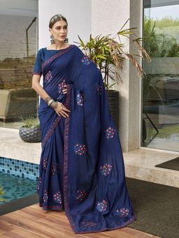 Odette - Blue Designer Thread Embroidered Saree with Unstitched Blouse