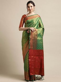 Odette - Green Festive Silk Blend Woven Design Saree with Unstitched Blouse