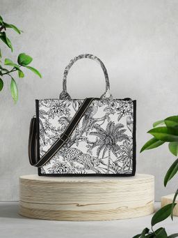 Anekaant - Jungle White and Black Cotton Jacquard Self Design Handheld Bag