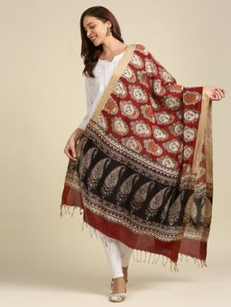 Dupatta Bazaar - Womens Kalamkari Mangalgiri Maroon & Multi-Color Cotton Dupatta