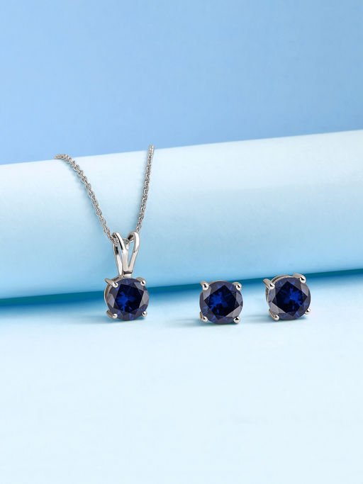 Ornate Jewels 925 Silver Blue Sapphire Necklace With Earrings Jewellery Set For Women & Girls