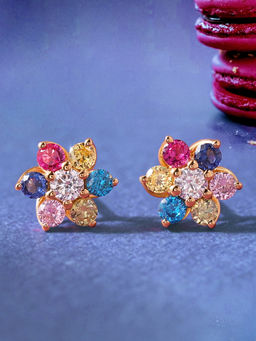 Ornate Jewels - 925 Silver 18K Gold Plated Round Multi Stone Lollipop Stud Earring For Women & Girls