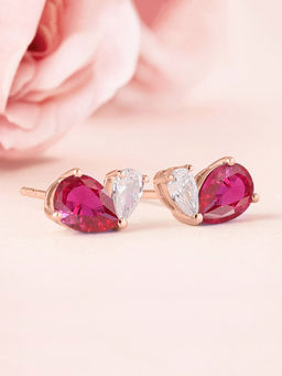 Ornate Jewels - 925 Silver 18K Rose Gold Plated Red Ruby Toi Et Moi Stud Earring For Women And Girls