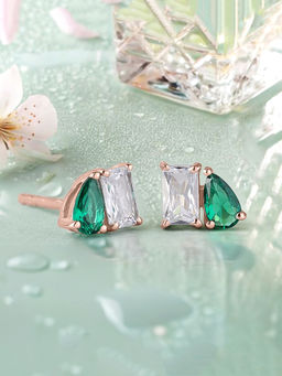 Ornate Jewels - 925 Silver 18K Rose Gold Plated Green Emerald Toi Et Moi Stud Earring Women