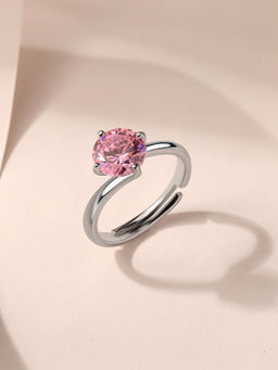 Ornate Jewels - 925 Silver Round 3.40 Carat Pink CZ Solitaire Adjustable Ring for Women & Girls