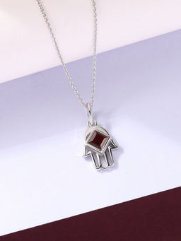 Ornate Jewels - 925 Silver 0.90 Carat Square Natural Garnet Hamsa Harmony Necklace for Women & Girls