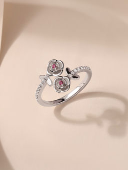 Ornate Jewels - 925 Silver Red Ruby Whispering Rose Adjustable Ring for Women & Girls