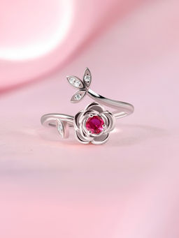 Ornate Jewels - 925 Silver Round Red Ruby Blooming Rose Adjustable Ring for Women & Girls