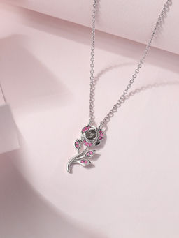 Ornate Jewels - 925 Silver Rhodium Plated Pink Rose Flower Necklace for Women & Girls