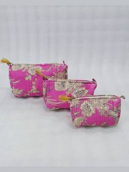 House of Gulab - Pink Floral Printed Set of 3 Cosmetic Pouches