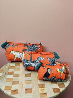 House of Gulab - Orange Set Of 3 Waterproof Lining Cosmetic Pouches