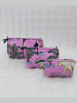 House of Gulab - Pink Animal Printed Set of 3 Cosmetic Pouches