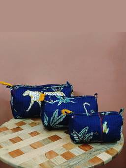 House of Gulab - Navy Blue Animal Printed Set of 3 Cosmetic Pouches