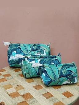 House of Gulab - Teal Leaves Printed Set of 3 Cosmetic Pouches