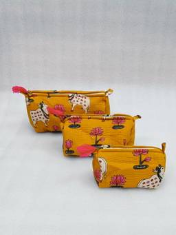 House of Gulab - Yellow Set Of 3 Waterproof Lining Cosmetic Pouches
