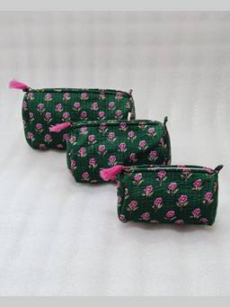 House of Gulab - Green Floral Printed Set of 3 Cosmetic Pouches