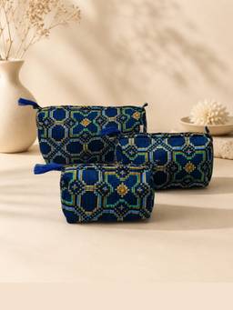 House of Gulab - Navy Blue Geometric Printed Set of 3 Cosmetic Pouches