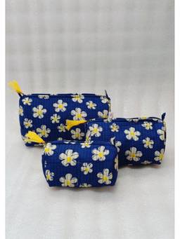 House of Gulab - Blue Floral Printed Set of 3 Cosmetic Pouches