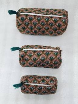 House of Gulab - Brown Floral Printed Set of 3 Cosmetic Pouches