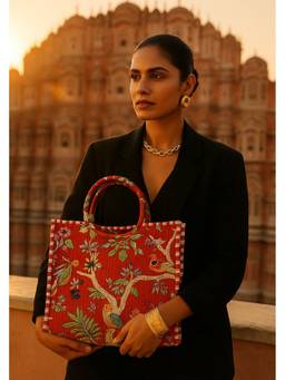 House of Gulab - Red Hand block Printed Cotton Unique Moon-Shaped Handle Tote Bag