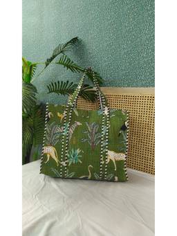House of Gulab - Green Hand block Printed Quilted Tote Bag