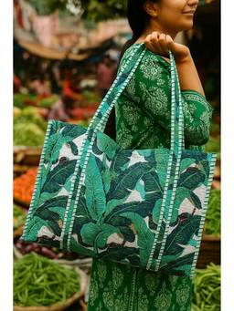 House of Gulab - Teal Leaves Printed Quilted Tote Bag