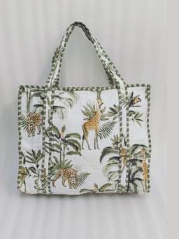 House of Gulab - White Hand block Printed Cotton Unique Moon-Shaped Handle Tote Bag