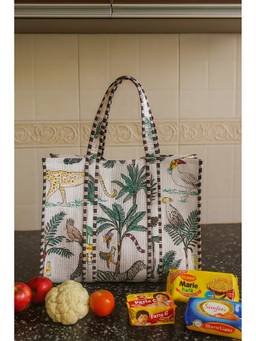 House of Gulab - Cream Animal Printed Quilted Tote Bag