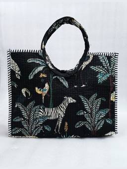 House of Gulab - Black Hand block Printed Cotton Unique Moon-Shaped Handle Tote Bag