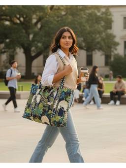House of Gulab - Green Hand block Printed Cotton Unique Moon-Shaped Handle Tote Bag