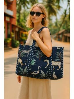 House of Gulab - Blue Hand block Printed Quilted Tote Bag