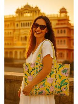 House of Gulab - Yellow Hand block Printed Quilted Tote Bag