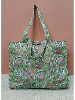 House of Gulab - Green Floral Printed Quilted Tote Bag