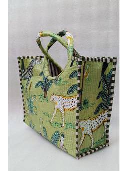 House of Gulab - Black Hand block Printed Cotton Unique Moon-Shaped Handle Tote Bag