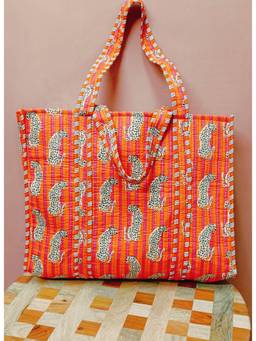 House of Gulab - Orange Animal Printed Quilted Tote Bag