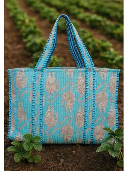 House of Gulab - Sky Blue Animal Printed Quilted Tote Bag